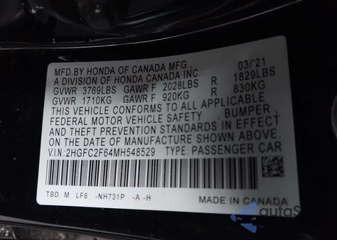 2021 Honda Civic Lx z USA, uszkodzony, nr VIN 2HGFC2F64MH548529